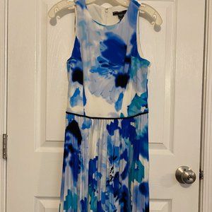 Maggy London Midi Dress with Watercolor Pattern and Pleated Skirt